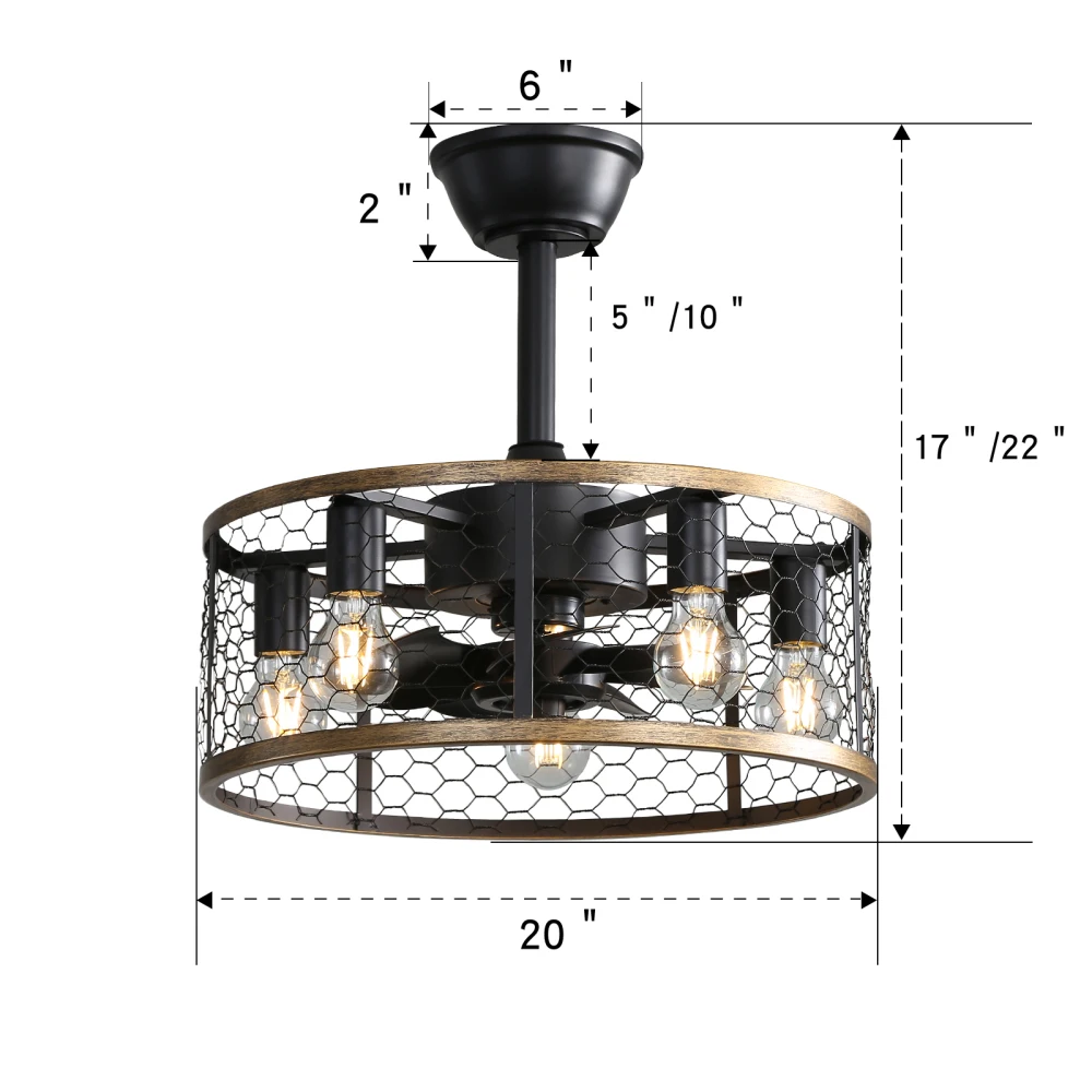 Ventilateur de plafond industriel 20 pouces avec cage métallique 6 vitesses, télécommande, LED intégrée, style farmhouse rétro pour chambre, salon, cuisine et restaurant – Image 4