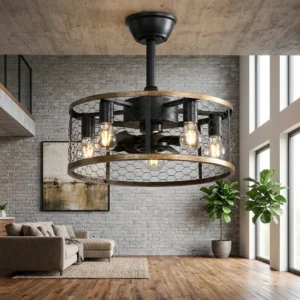 Ventilateur de plafond industriel 20 pouces avec cage métallique 6 vitesses, télécommande, LED intégrée, style farmhouse rétro pour chambre, salon, cuisine et restaurant