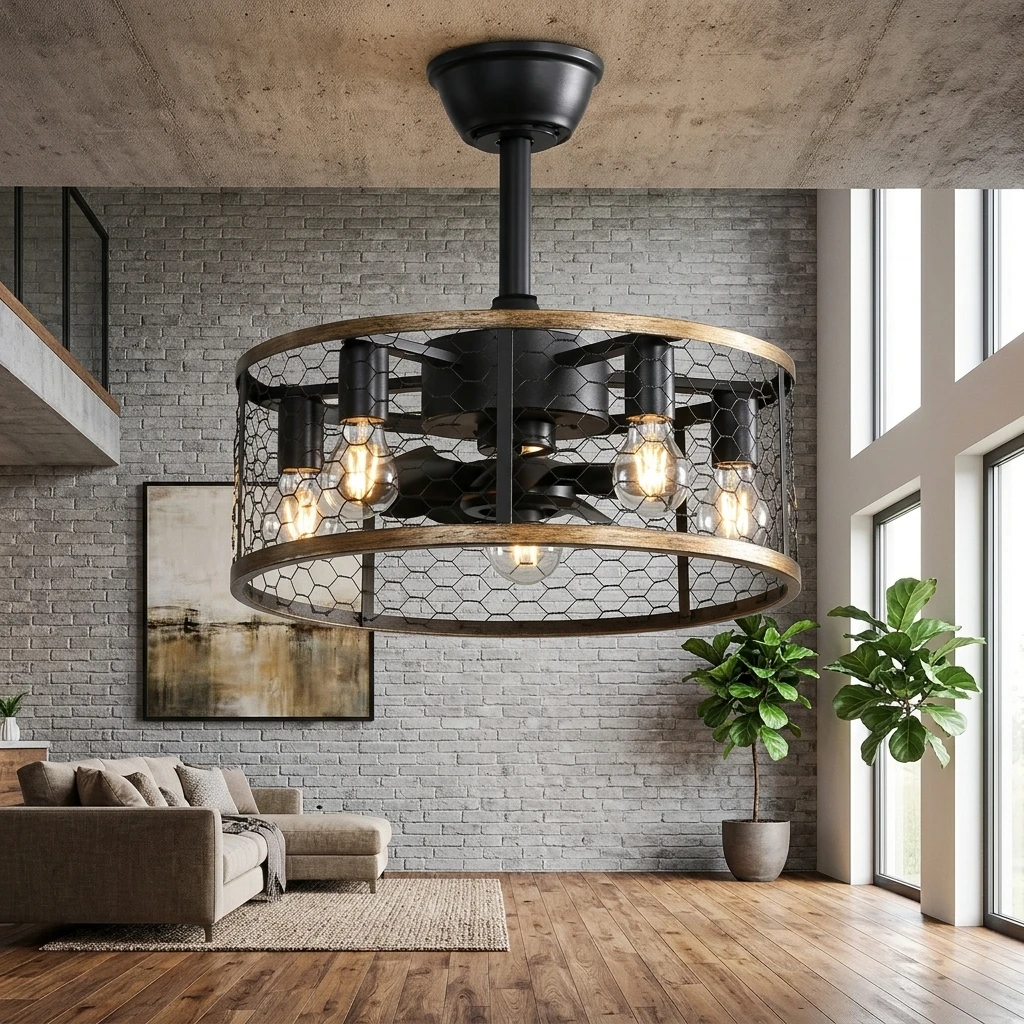 Ventilateur de plafond industriel 20 pouces avec cage métallique 6 vitesses, télécommande, LED intégrée, style farmhouse rétro pour chambre, salon, cuisine et restaurant