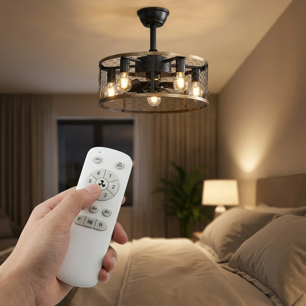 Ventilateur de plafond industriel 20 pouces avec cage métallique 6 vitesses, télécommande, LED intégrée, style farmhouse rétro pour chambre, salon, cuisine et restaurant – Image 7