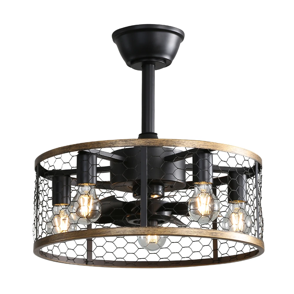 Ventilateur de plafond industriel 20 pouces avec cage métallique 6 vitesses, télécommande, LED intégrée, style farmhouse rétro pour chambre, salon, cuisine et restaurant – Image 3
