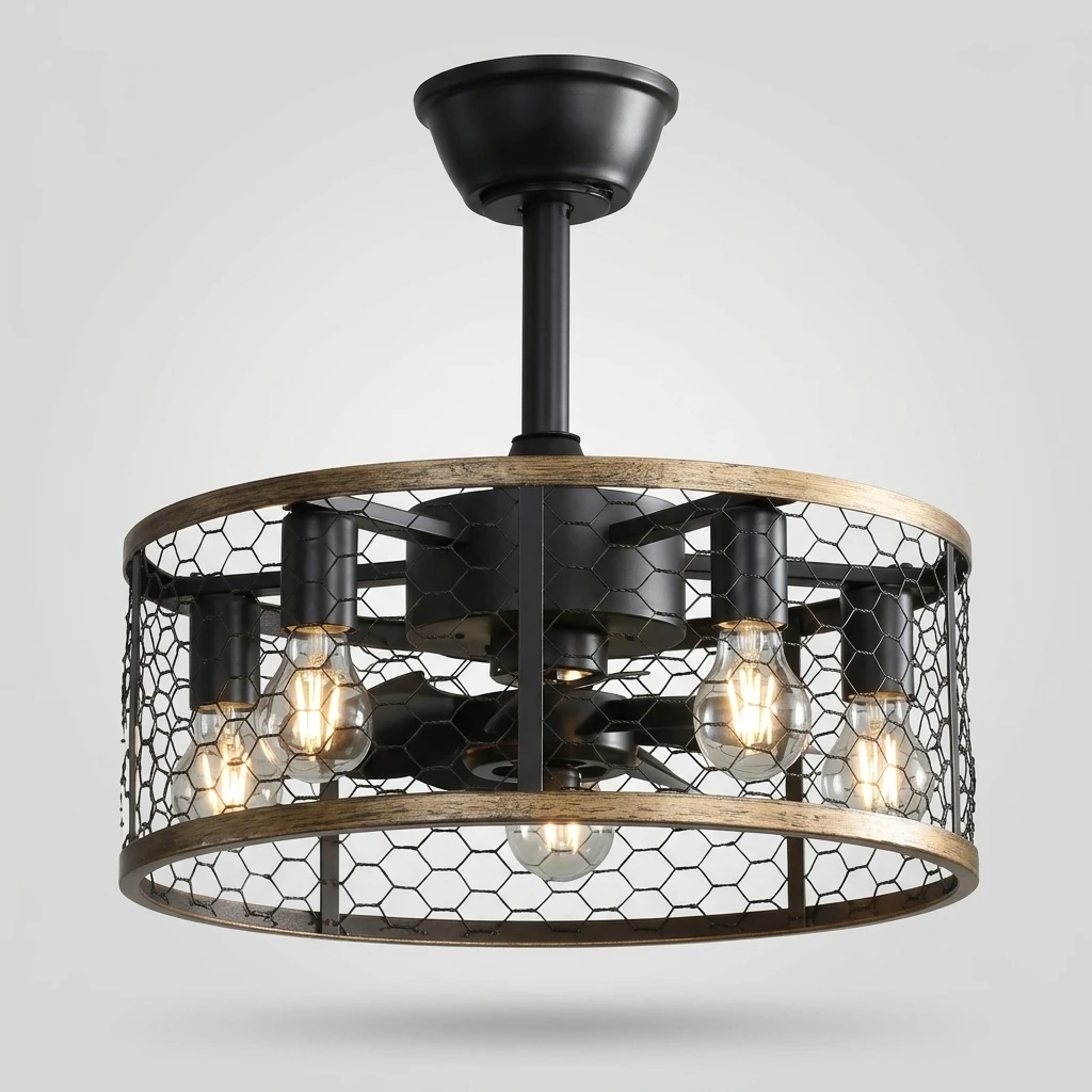 Ventilateur de plafond industriel 20 pouces avec cage métallique 6 vitesses, télécommande, LED intégrée, style farmhouse rétro pour chambre, salon, cuisine et restaurant – Image 2